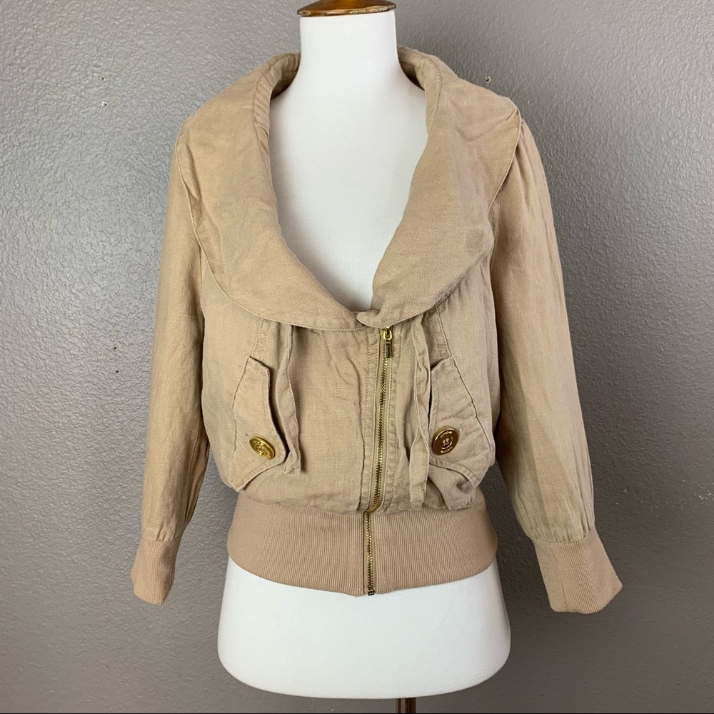 bebe Beige Cropped Bomber Jacket with Shawl Collar